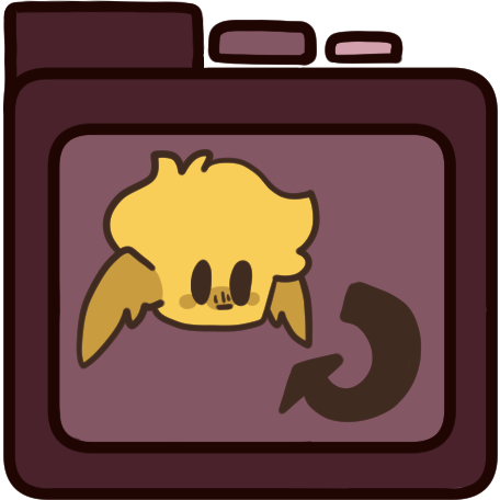  a red file folder with a yellow person on it, the person has wings instead of ears and an arrow curves to point from them to them.